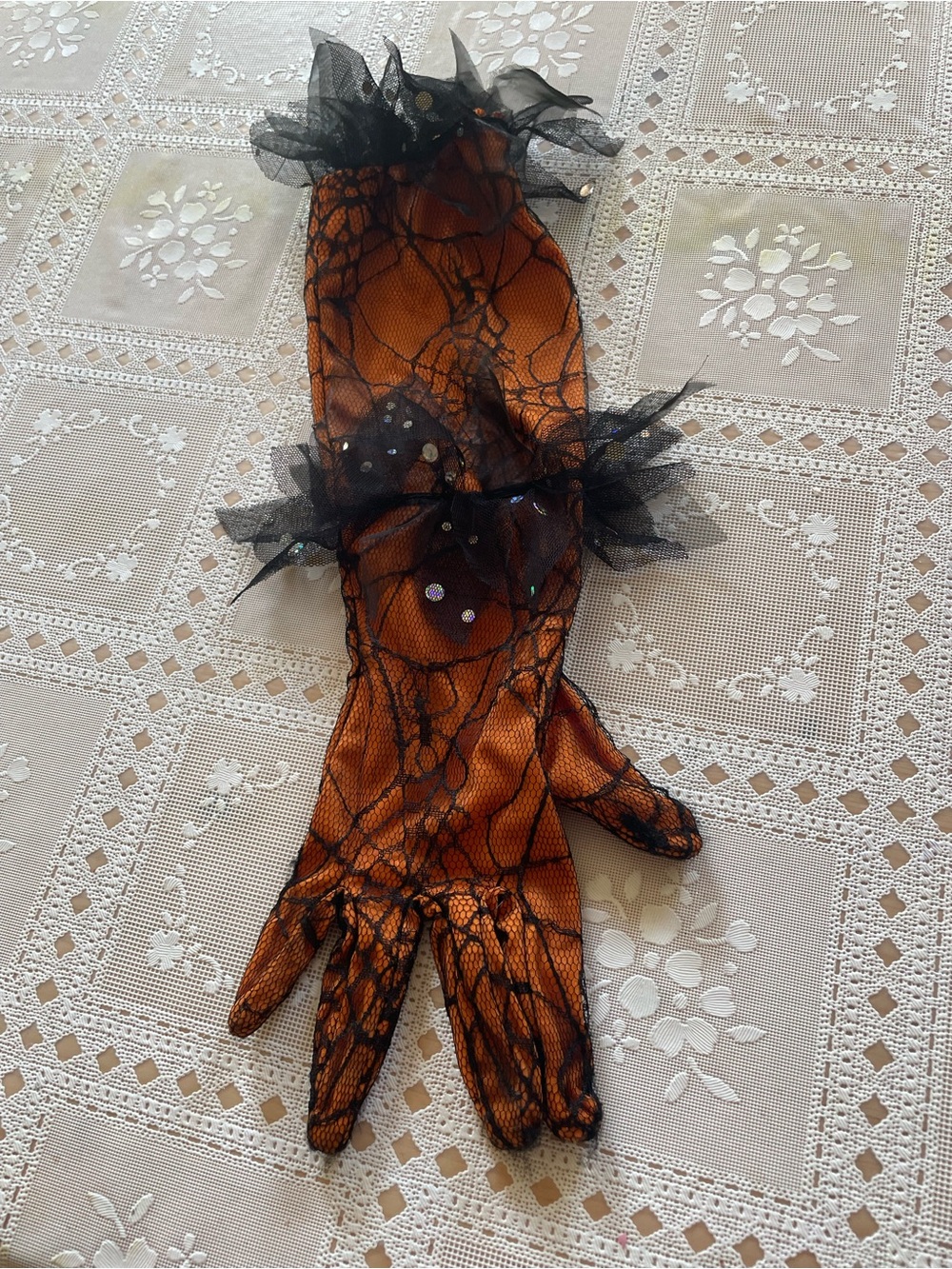 Source Unknown Orange and Black Spiderweb Lace Halloween Gloves